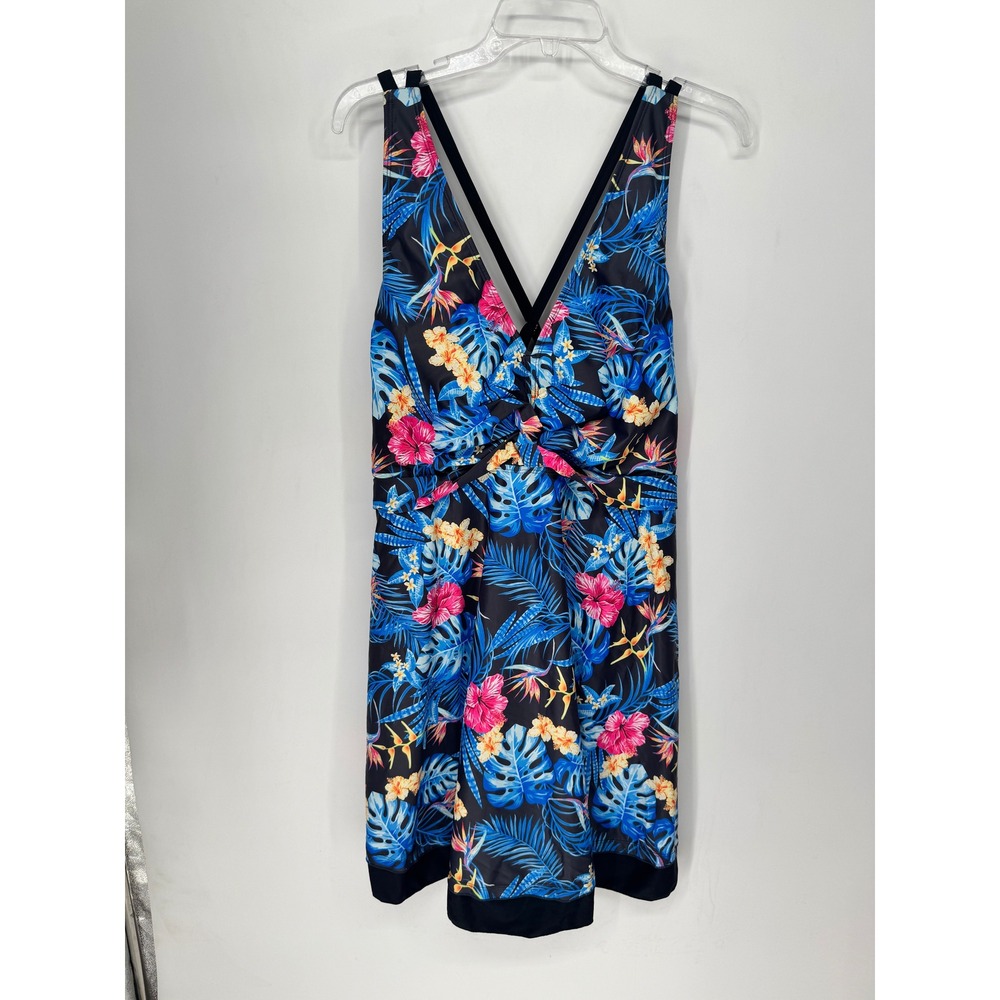 Hanna Nikole Swim Dress Womens 22W Black Blue Tropical Floral New V-Neck No Pant